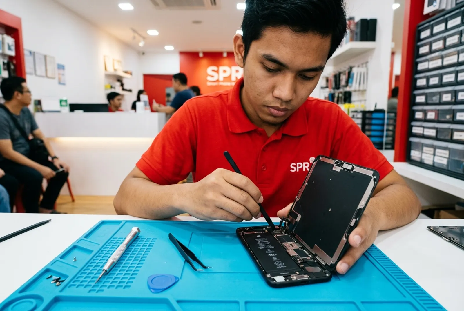 Technician connecting a new iPhone display to the board