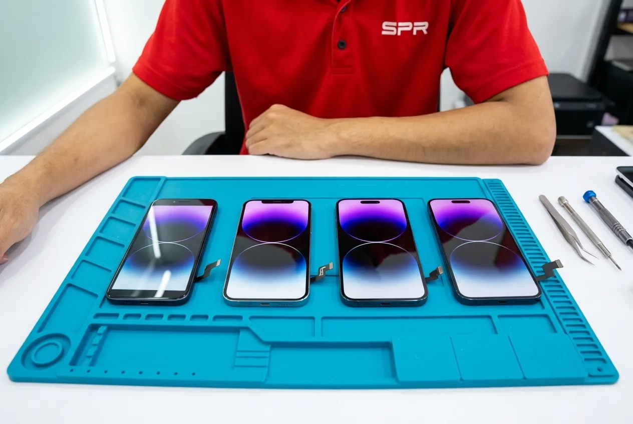 Four grades of iPhone replacement screen lit side by side